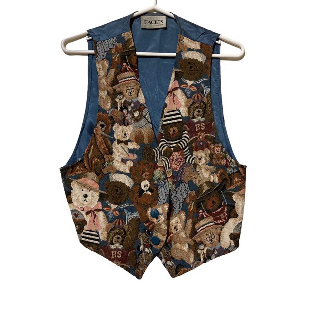 Facets Vest‎ Women's M Multicolor Novelty Bears Buttons Tapestry Granny Core